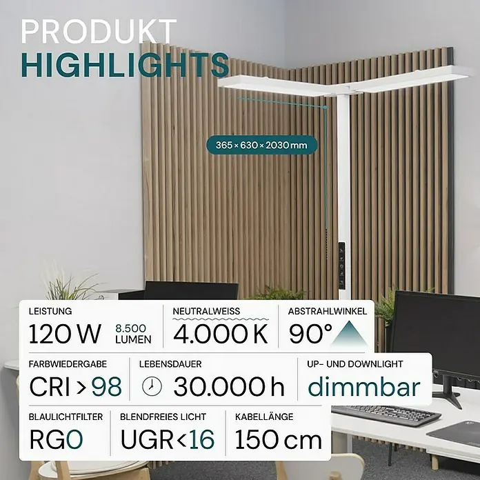 Luxula LED-Stehleuchte - 120 W, Höhe: 202 cm, Weiß