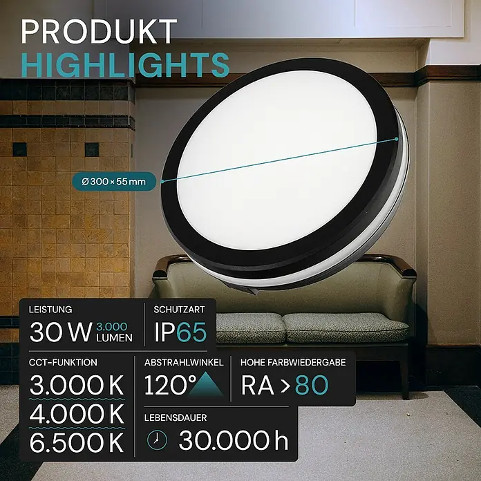 Luxula LED-Deckenleuchte rund - 30 W, Ø x H: 30 x 6,1 cm, Schwarz, Mehrfarbig