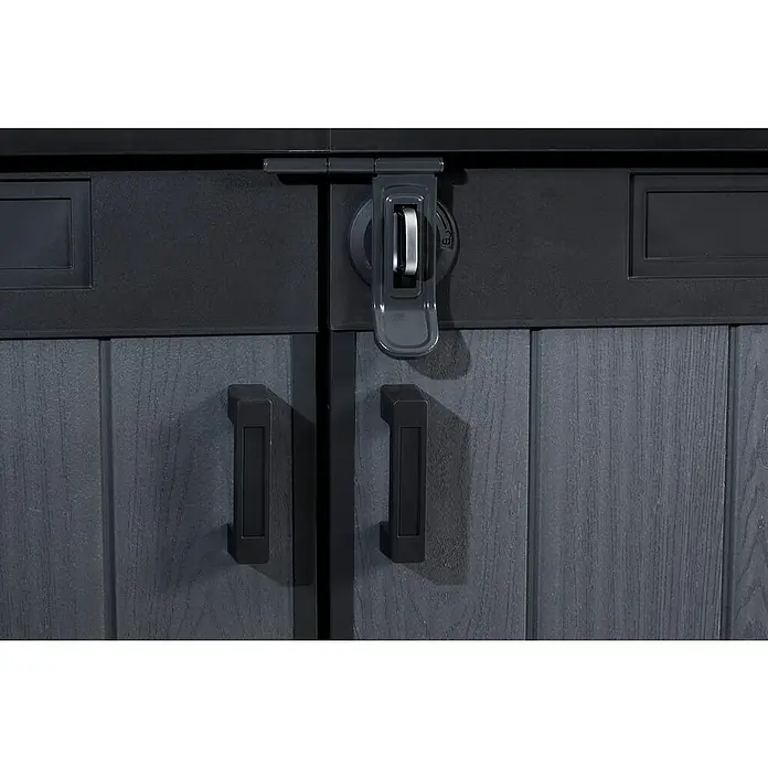 Keter Arcón Cortina Mega - Medidas ext. (An x Pr): 191 x 109 cm, Plástico, Antracita/Gris - Puertas de armario de almacenamiento de plástico gris oscuro con textura de madera, asas negras y pestillo central.