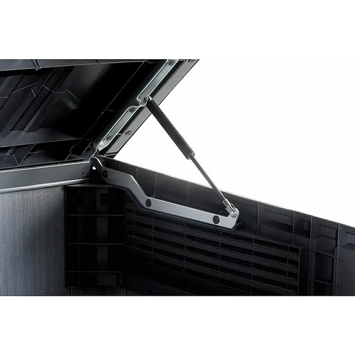 Keter Arcón Cortina Mega - Medidas ext. (An x Pr): 191 x 109 cm, Plástico, Antracita/Gris - Primer plano de la tapa abierta de una caja de almacenamiento de plástico negro, mostrando bisagras plateadas y amortiguador de gas.