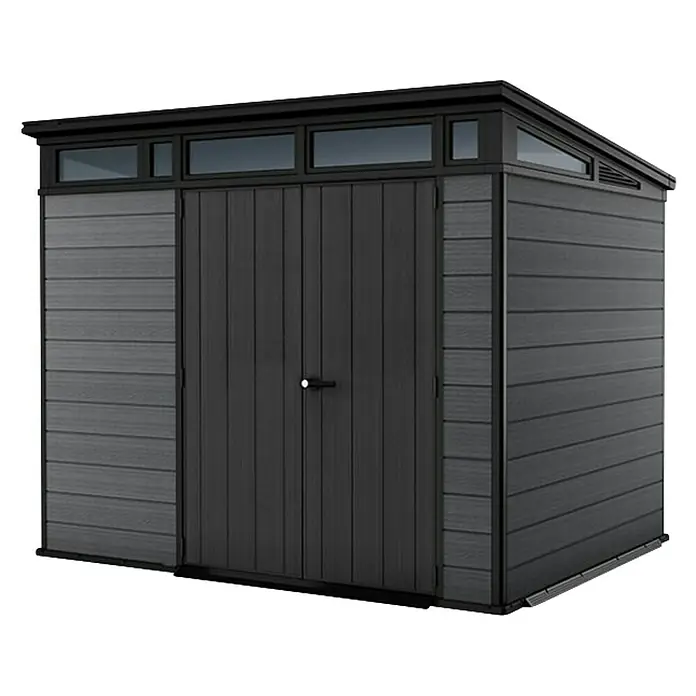 Keter Caseta de jardín Cortina 7x9 - Medidas ext. (An x Pr): 279 x 218 cm, Plástico, Gris, 6,08 m² - Caseta de jardín gris oscuro con puertas dobles y ventanas superiores, ideal para almacenamiento exterior.