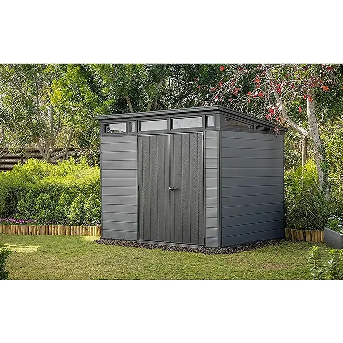 Keter Caseta de jardín Cortina 7x9 - Medidas ext. (An x Pr): 279 x 218 cm, Plástico, Gris, 6,08 m² - Caseta de jardín gris oscuro con textura de madera, puertas dobles y ventanas en el techo.