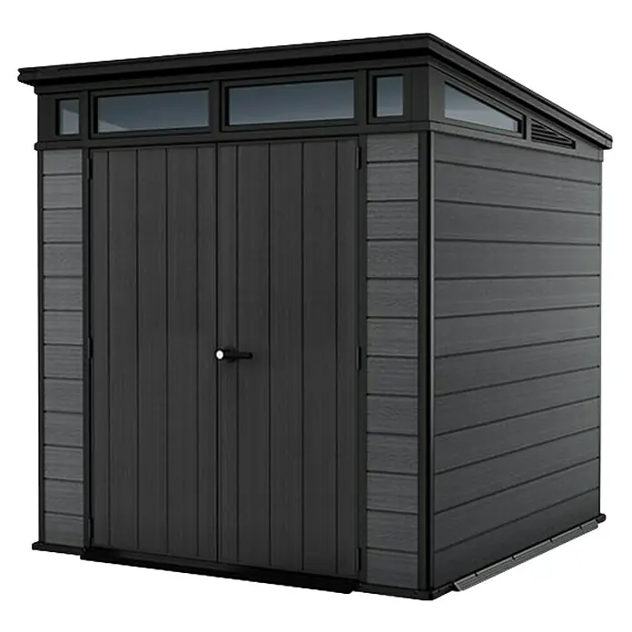 Keter Caseta de jardín Cortina 7x7 - Medidas ext. (An x Pr): 216 x 218 cm, Plástico, Gris, 4,7 m² - Caseta de jardín gris oscuro con puertas dobles, ventanas superiores y techo inclinado para almacenaje.