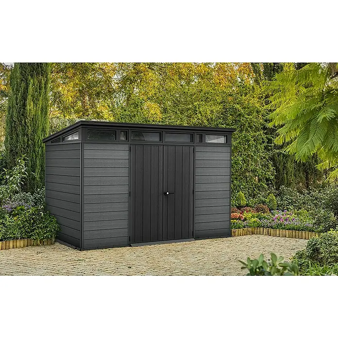 Keter Caseta de jardín Cortina 11x7 - Medidas ext. (An x Pr): 342 x 218 cm, Plástico, Gris, 7,4 m² - Caseta de jardín de composite gris oscuro con puertas dobles y ventanas superiores.