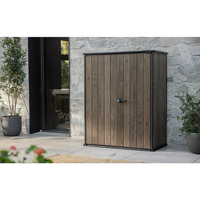Keter Armario de jardín Deco (Medidas ext. (An x Pr): 140 x 73,6 cm, Plástico, Nogal) | BAUHAUS