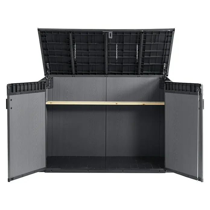 Keter Arcón Cortina Mega - Medidas ext. (An x Pr): 191 x 109 cm, Plástico, Antracita/Gris - Baúl de jardín de plástico gris oscuro abierto con estante de madera clara en el interior.