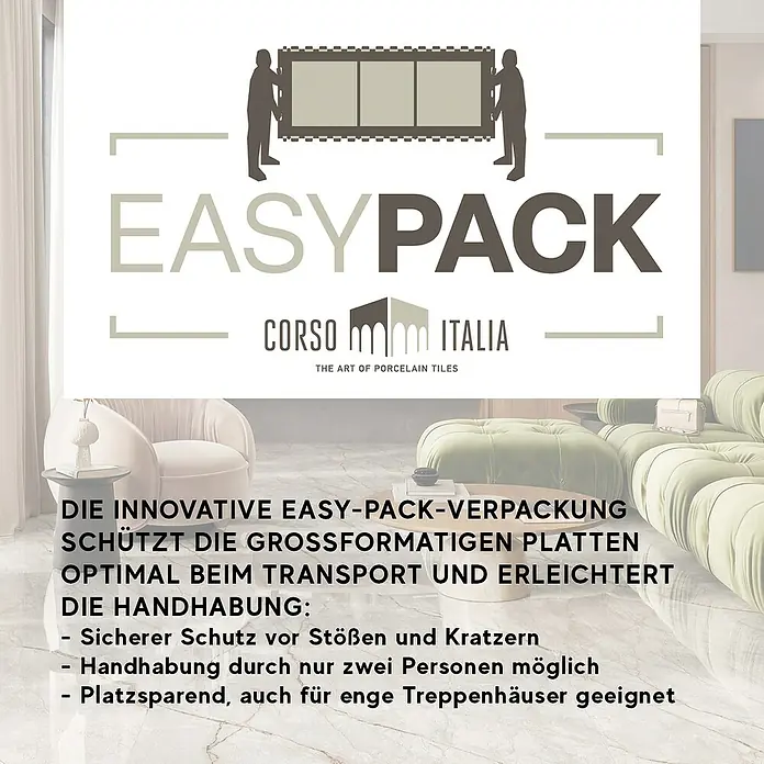 Corso Italia Feinsteinzeugfliese Marble - 120 x 278 cm, Grau, Glänzend - Zwei Personen tragen großformatige Fliesen in innovativer EASYPACK Schutzverpackung.
