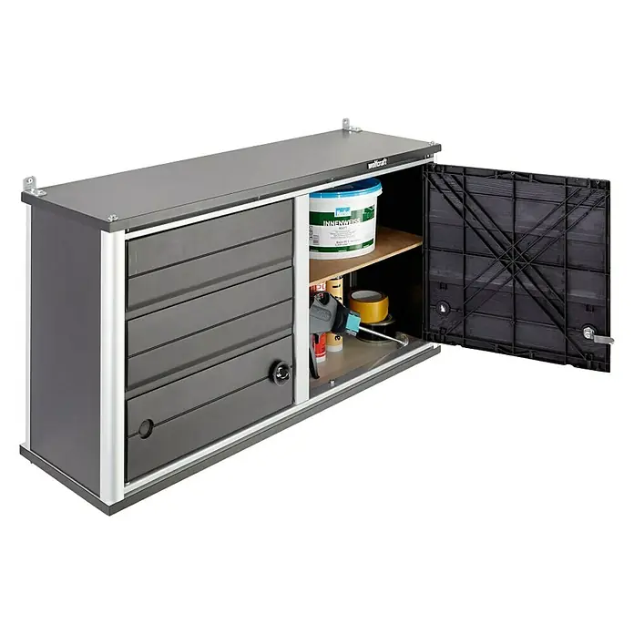 Wolfcraft Armario alto de taller - L x An x Al: 98,5 x 50 x 30 cm, Número de puertas: 2 ud., Tipo de montaje: Colgar - Armario de taller Wolfcraft con cajones y almacenamiento, ideal para herramientas y accesorios. Construcción robusta para uso intensivo.
