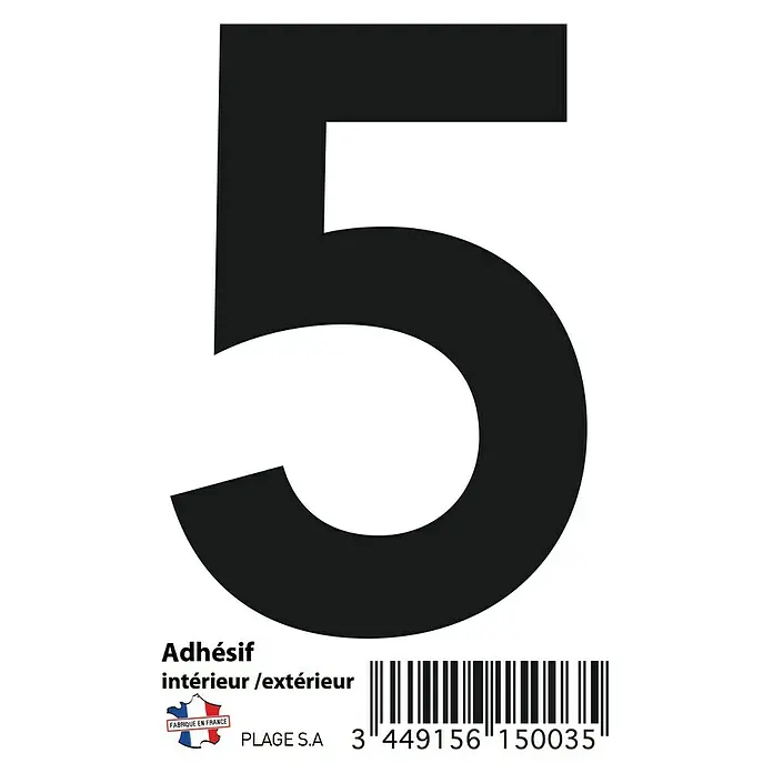 Vinilo de pared Número 5 - 4 x 9 cm, Negro, Plástico - Adhesivo con el número 5, apto para interiores y exteriores. Con código de barras e indicación de origen 'Made in France'.