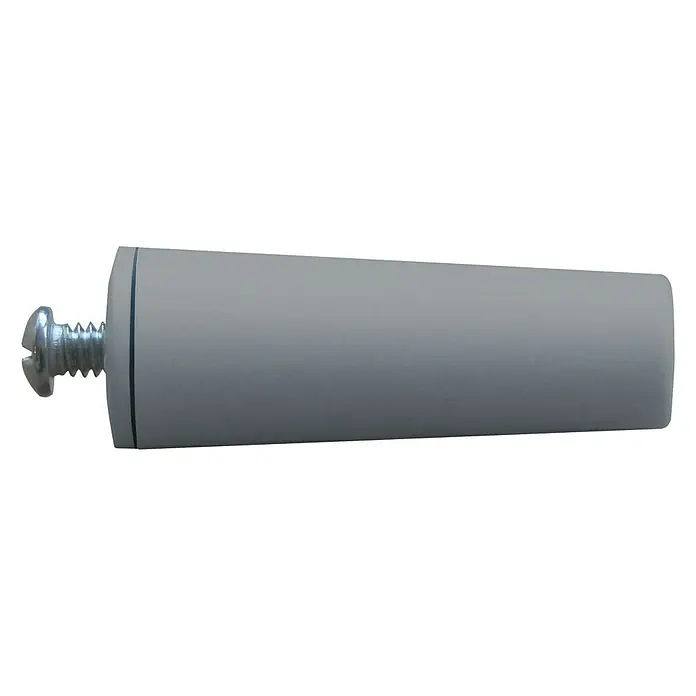 Schellenberg Tope de cierre para persiana - Gris, Largo: 60 mm - Primer plano de un tope de puerta gris con un tornillo, diseñado para evitar daños en paredes y puertas amortiguando el impacto.