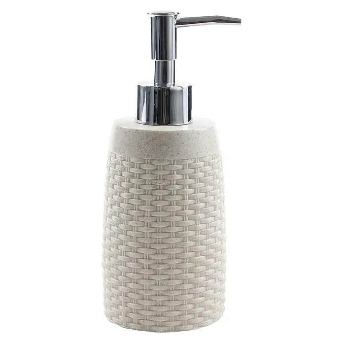 Bath Stage B-Suit Dispensador de jabón - L x An x Al: 8 x 8 x 17 cm, Plástico, Arena - Dosificador de jabón beige con diseño de cestería y cabezal de bomba cromado para higiene elegante en el baño.