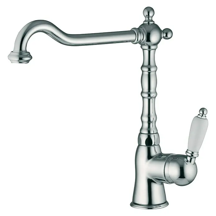 Pyramis Spültischarmatur Baroque - Chrom, Glänzend - Ein glänzender, verchromter Wasserhahn im Retro-Stil mit einem weißen Griff, der Eleganz und Funktionalität vereint.