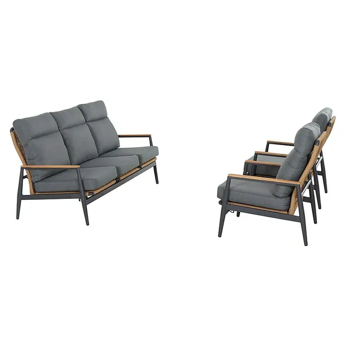 Siena Garden Roma Loungemöbel-Set - 3 -tlg., Grau, Aluminium - Graue Outdoor-Lounge-Sitzgruppe mit geflochtenen Rattandetails, dunklen Metallrahmen und Holzarmlehnen.