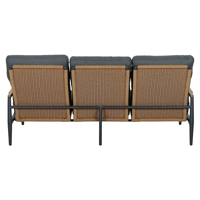 Siena Garden Roma Loungemöbel-Set - 3 -tlg., Grau, Aluminium - Rückenansicht eines dreisitzigen Outdoor-Sofas mit beigefarbenen geflochtenen Rückenlehnen, dunkelgrauen Kissen und dunkelgrauem Metallgestell.