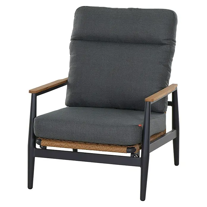 Siena Garden Roma Loungemöbel-Set - 3 -tlg., Grau, Aluminium - Dunkelgrauer Sessel mit Holzarmlehnen und geflochtenem Sitzdetail.