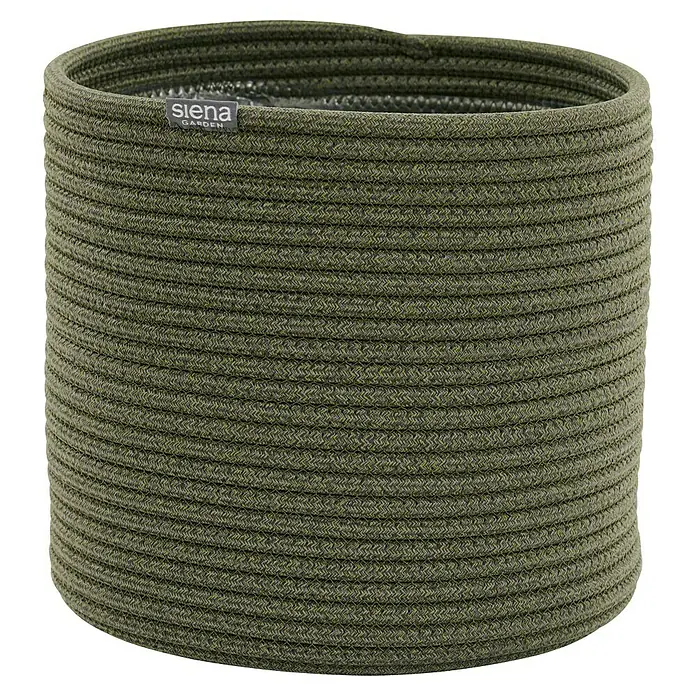 Siena Garden Pflanztopf FIORA - Oliv, 1 Stk., Max. Außendurchmesser: 20 cm, Höhe: 20,5 cm - Olivgrünes rundes Pflanzgefäß aus geflochtenem Seil mit „siena GARDEN“-Etikett.