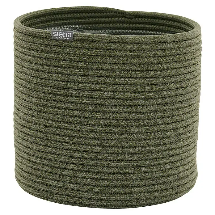 Siena Garden Pflanztopf FIORA - Olive, 1 Stk., Max. Außendurchmesser: 32 cm, Höhe: 32,5 cm - Olivgrüner geflochtener Pflanzkorb mit strukturierter Oberfläche und Siena Garden Etikett.