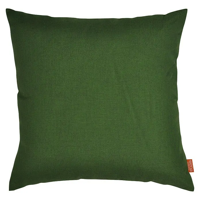 Siena Garden Kissen PRIME - 45 x 45 cm, Grün, Quadratisch - Quadratisches olivgrünes Outdoorkissen mit sichtbarer Stoffstruktur und orangefarbenem "siena GARDEN" Etikett.