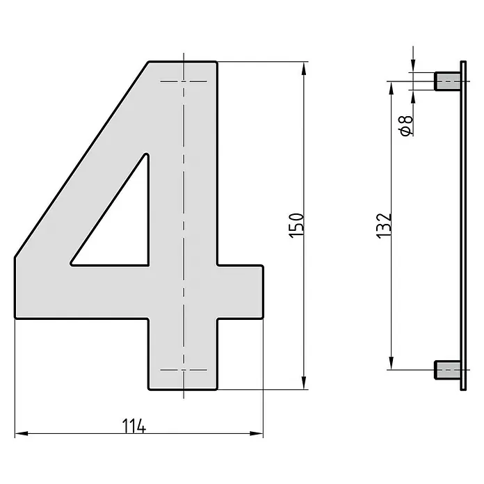 Basi Hausnummer HN 150 - B x H: 114 x 150 mm, Motiv: 4, Edelstahl - Technische Zeichnung einer Ziffer 4, Vorder- und Seitenansicht. Maße: 150mm Höhe, 114mm Breite, 8mm Befestigungsstifte.