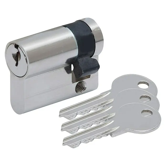 Basi Profilzylinder - Baulänge innen: 10 mm, Baulänge außen: 30 mm, Material Zylinder: Messing, Profilschlüssel - Silberner Türzylinder mit schwarzem Mitnehmer und drei passenden Schlüsseln.