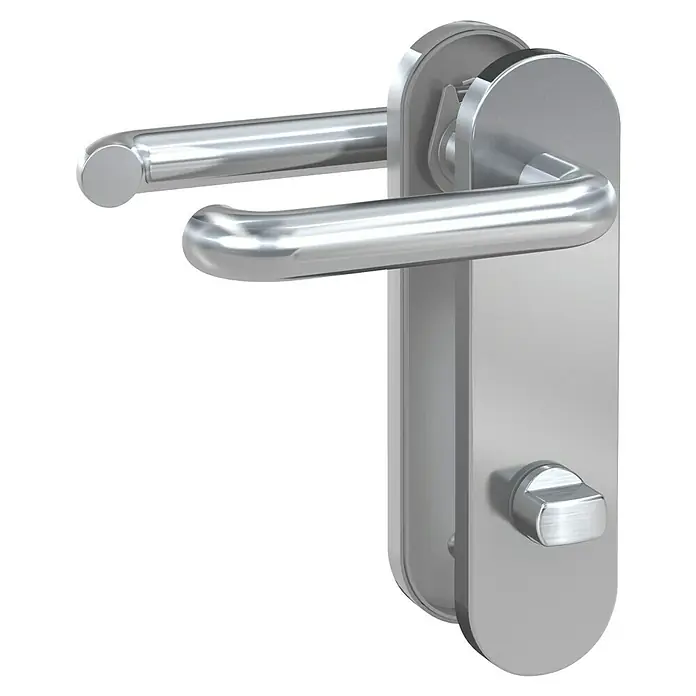 Basi WC-Drückergarnitur ZB 3800 - Edelstahl, Links - Silberner Metall-Türdrücker mit Langschild und Daumenriegel.