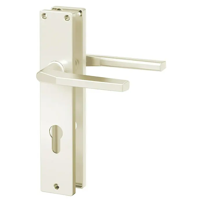 Basi Drückergarnitur ZB 4100 - Stärke Tür: 38 mm - 45 mm, Aluminium, L-Form, Champagnerfarben, Profilzylinder - Hellbeiger Metall-Türdrücker-Garnitur mit Schild und Schlüsselloch.