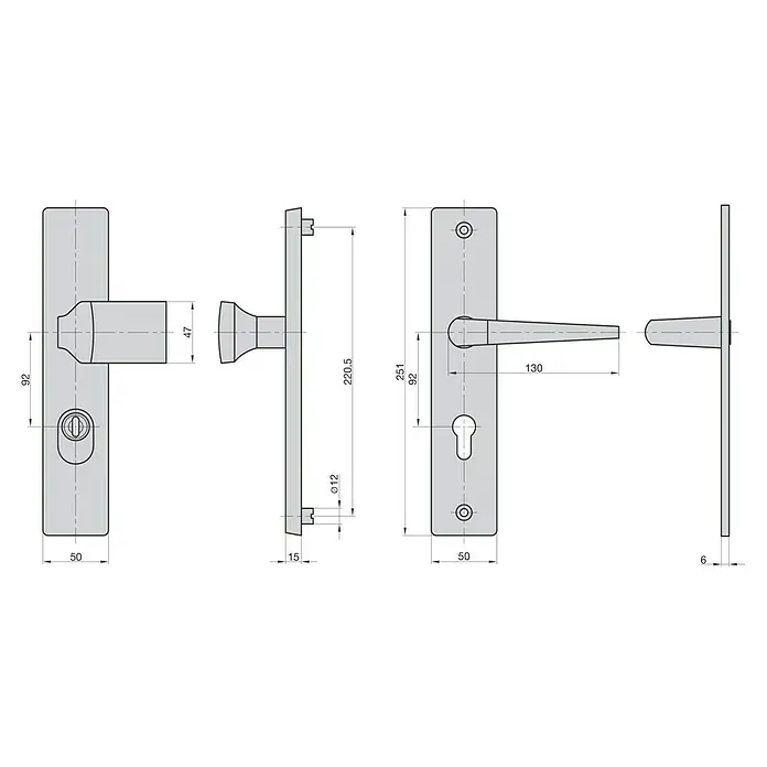 Basi Schutzbeschlag ES0 VMS-ZA - Hauseingangstür, Silber, Distanznorm: 72 mm, Form Drücker: Eckig, Stärke Schild/ Rosette: 15 mm - Technische Zeichnung einer silberfarbenen Metall-Türdrückergarnitur mit Langschild, für Bad- und Profilzylinderschloss.