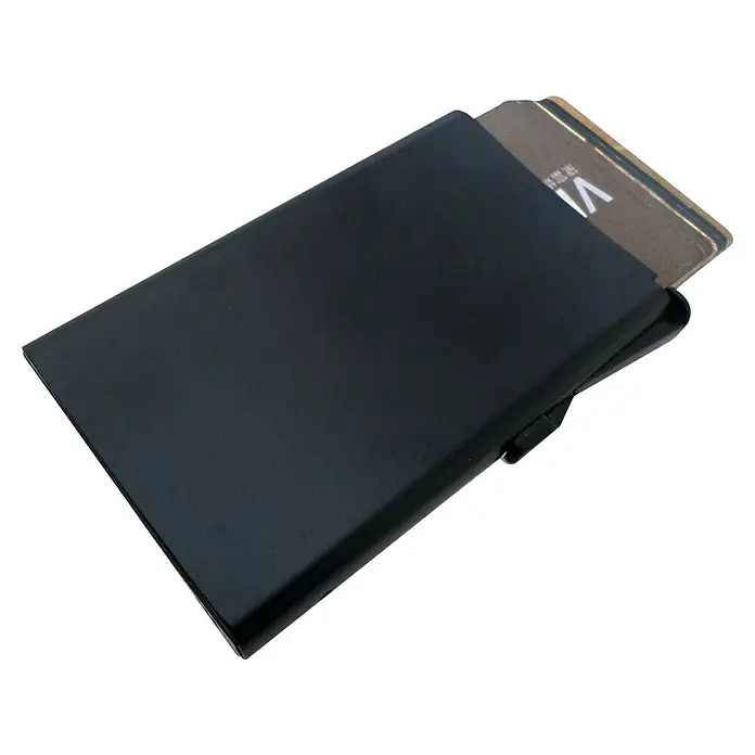 Basi Kartentasche - L x B x H: 98 x 61,5 x 13 mm, Schwarz - Schwarzer, minimalistischer Kartenhalter mit mattem Finish, zum Auswerfen mehrerer Kreditkarten.