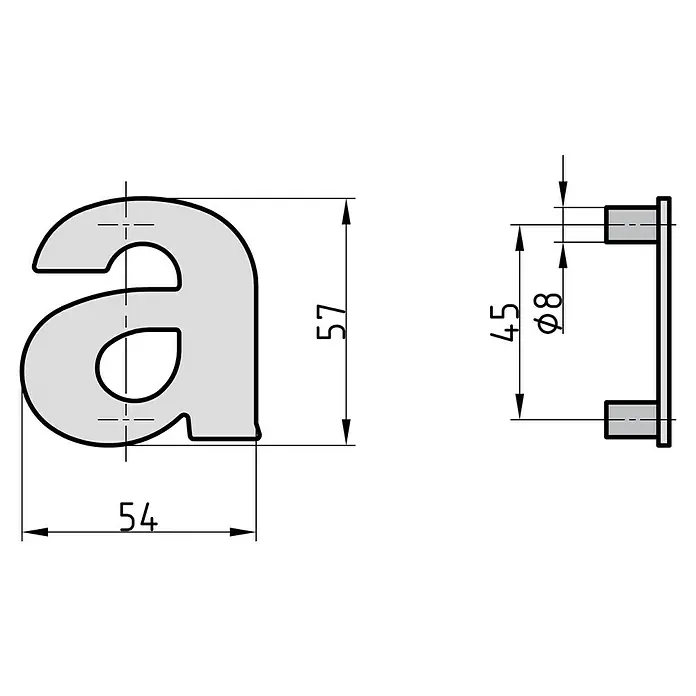 Basi Hausnummer HN 150 - B x H: 54 x 57 mm, Motiv: A, Edelstahl - Technische Zeichnung eines grauen 3D-Buchstabens 'a' mit Maßen: Höhe 57, Breite 54, Tiefe 45 und ø8 Befestigungsstifte.