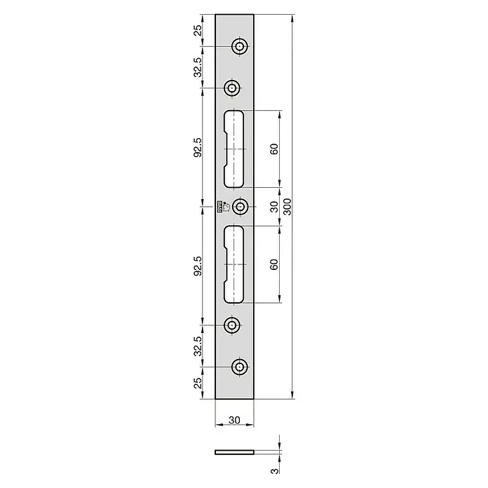 Basi Schließblech FLB 955 - L x B: 300 x 30 mm, DIN Anschlag: Universell einsetzbar - Technische Zeichnung einer grauen Metallplatte mit mehreren Befestigungslöchern und Schlitzen, Maße angegeben.