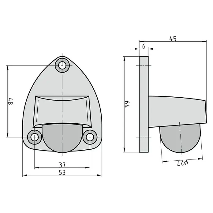 Basi Bodentürstopper TS22 - L x B x H: 64 x 53 x 45 mm, Silber/Schwarz - Grauer, schildförmiger Wandtürstopper mit rundem Puffer, mit technischen Maßen dargestellt.