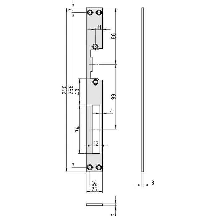 Basi Schließblech FLB 950 - L x B: 250 x 25 mm, DIN Anschlag: Universell einsetzbar - Technische Zeichnung einer flachen, rechteckigen Metallschließplatte, 3mm dick, mit Befestigungslöchern und Langloch.