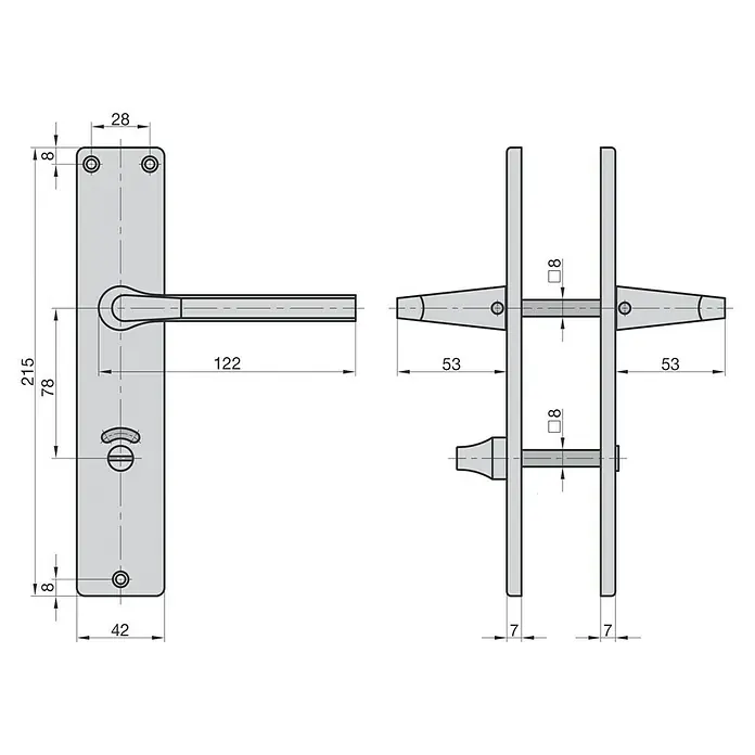 Basi WC-Drückergarnitur ZB 4100 - Schlitzkopf/Olive, Aluminium, Champagnerfarben - Technische Zeichnung einer Türdrückergarnitur mit Langschild, Vorder- und Seitenansicht mit detaillierten Maßen.