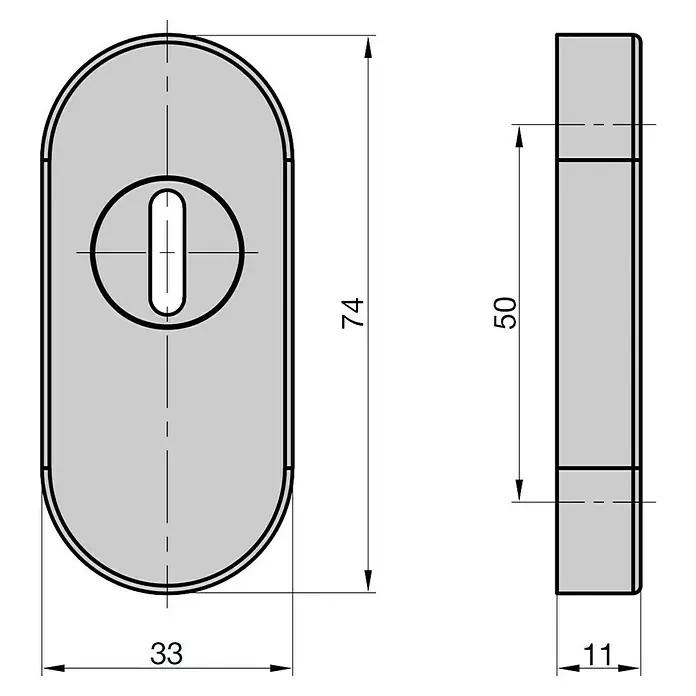 Basi Schlüsselschild SR 4100 ZA - Silber - Grauer, ovaler Profilzylinder mit Schlüssellochschlitz und Maßen.