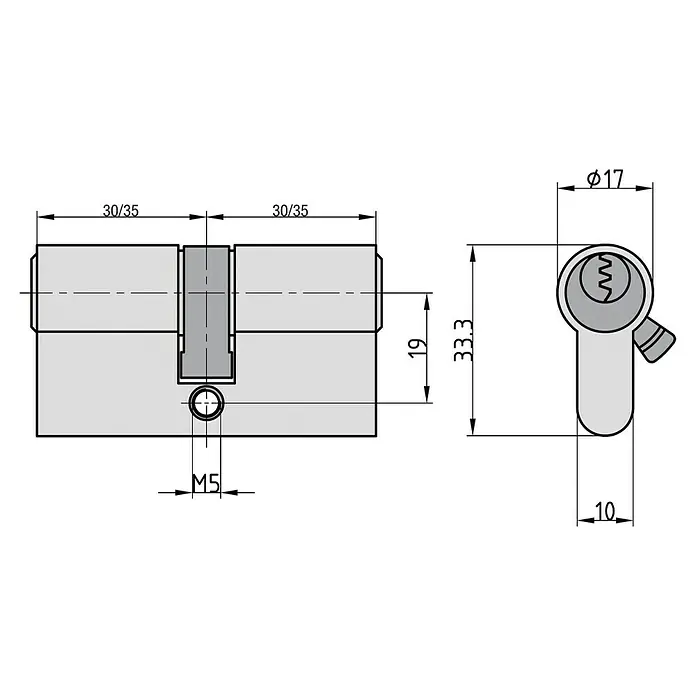 Basi Profilzylinder - Baulänge innen: 30 mm, Baulänge außen: 30 mm, Material Zylinder: Messing, Profilschlüssel - Technische Zeichnung eines grauen Doppelprofilzylinders mit Maßen.