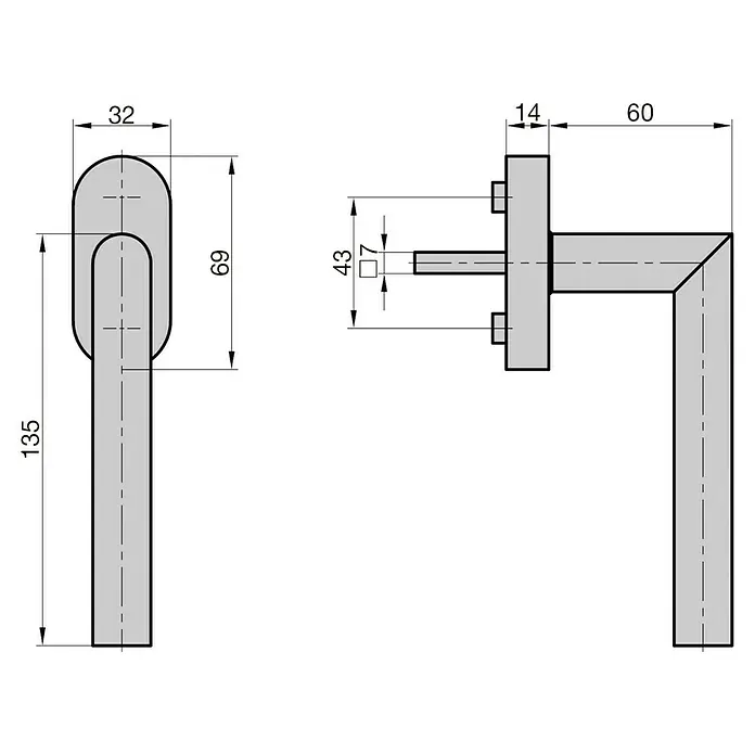 Basi Fenstergriff FG 310 - Edelstahl, Verdeckte Montage - Technisches Diagramm eines L-förmigen Türdrückers mit Maßen, darunter 135 mm Gesamtlänge und 7 mm Vierkantstift.