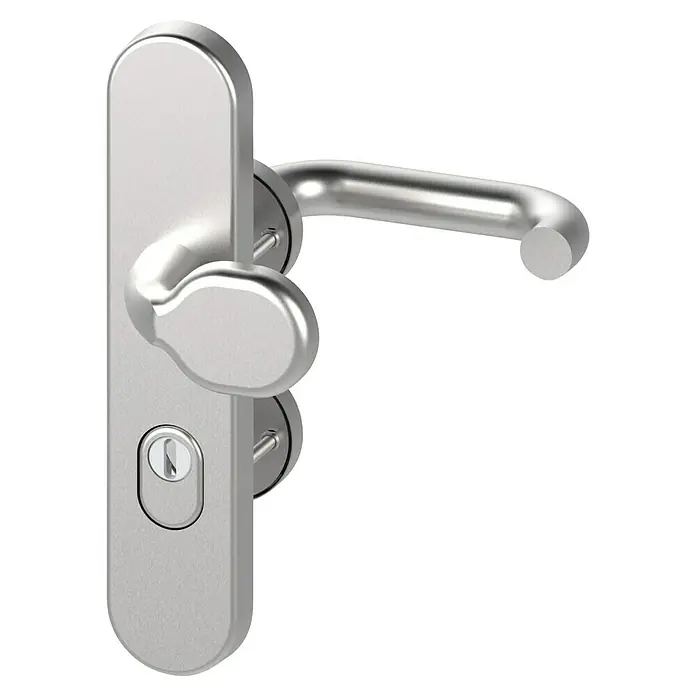 Basi Schutzbeschlag SBK 7500 ES1 Kombi - Hauseingangstür, Edelstahl, Knopf außen, Drücker innen, U-Form, Stärke Tür: 38 mm - 45 mm - Türgriff aus gebürstetem Silber mit flachem Schild und integriertem Schlüsselloch.