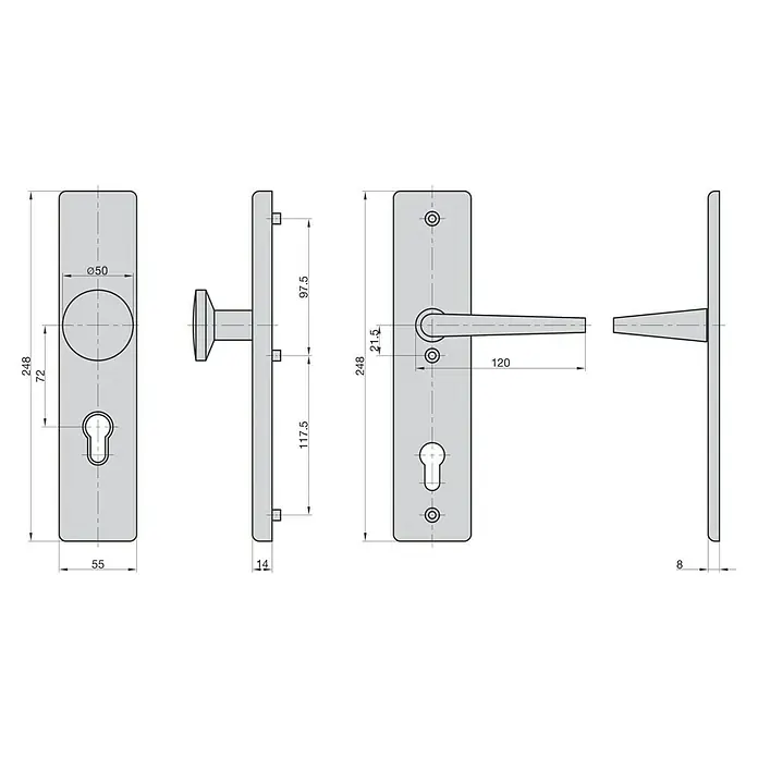 Basi Schutzbeschlag SB 7500 ES0 - Hauseingangstür, Stärke Tür: 38 mm - 45 mm, Aluminium, Knopf außen, Drücker innen, Ohne Zylinderabdeckung - Technische Zeichnung eines Türbeschlags-Sets mit einem Drücker auf der einen Seite und einem Knauf auf der anderen, inklusive Maßen und Schlüsselloch.