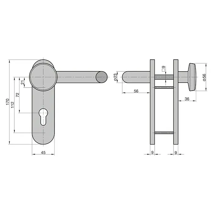 Basi Schutzbeschlag ZT/FS 2100 - Einsatzbereich: Feuerschutztür, Aluminium, Knopf außen, Drücker innen - Türbeschlag-Set mit Drücker, Knauf und Langschild mit Schlüsselloch.