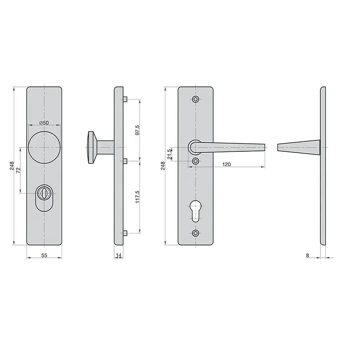 Basi Schutzbeschlag SB 7500 ES0 - Hauseingangstür, Stärke Tür: 38 mm - 45 mm, Aluminium, Knopf außen, Drücker innen, Mit Zylinderabdeckung - Technische Zeichnung einer Türdrückergarnitur mit Hebel, Knauf, Schlüsselloch und Maßen.