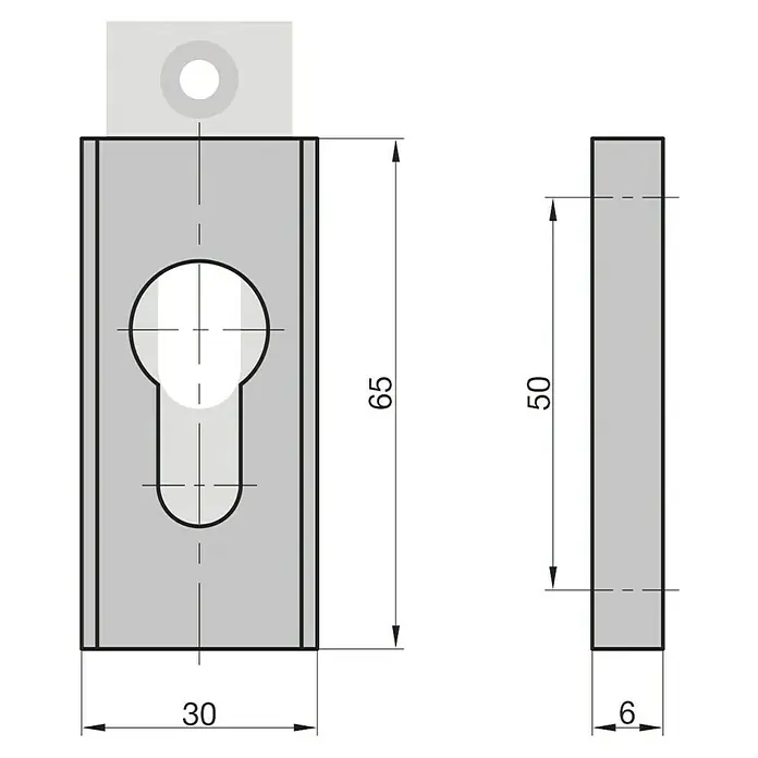 Basi Schlüsselschild SR 450 - Weiß, Stärke Rosette: 6 mm - Rechteckige Metallplatte mit Schlüsselloch-Ausschnitt und oberem Befestigungsloch.