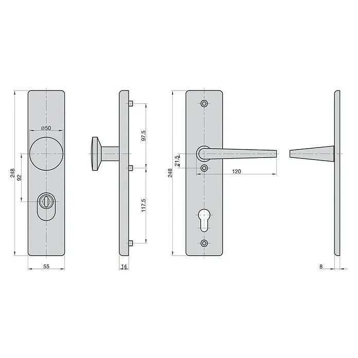 Basi Schutzbeschlag SB 7500 ES0 - Hauseingangstür, Stärke Tür: 50 mm - 70 mm, Aluminium, Knopf außen, Drücker innen, Mit Zylinderabdeckung - Technische Zeichnung eines Türbeschlags mit Drücker, Langschild und Schlüsselrosette, mit Maßen.