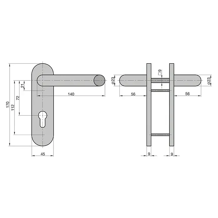 Basi Schutzbeschlag ZT/FS 2100 - Einsatzbereich: Feuerschutztür, Aluminium, Drücker beidseitig - Technische Zeichnung einer Türklinke mit Griff und Langschild, inklusive Bemaßung. Mit Schlüsselloch.