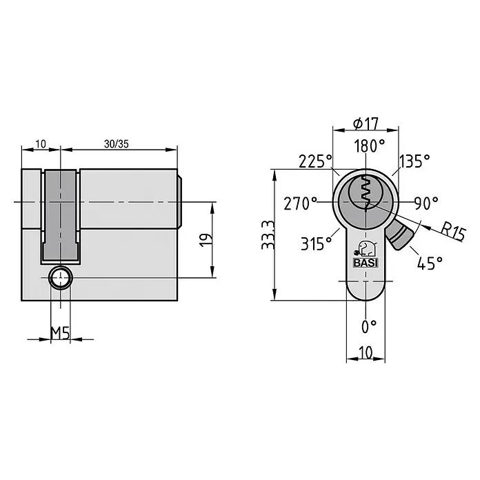 Basi Profilhalbzylinder V50 - Baulänge innen: 10 mm, Baulänge außen: 30 mm, Material Zylinder: Messing, Profilschlüssel - Technische Zeichnung eines Schließzylinders mit Maßen, Vorder- und Seitenansicht, Schlüssel-Drehwinkeln und BASI-Marke.