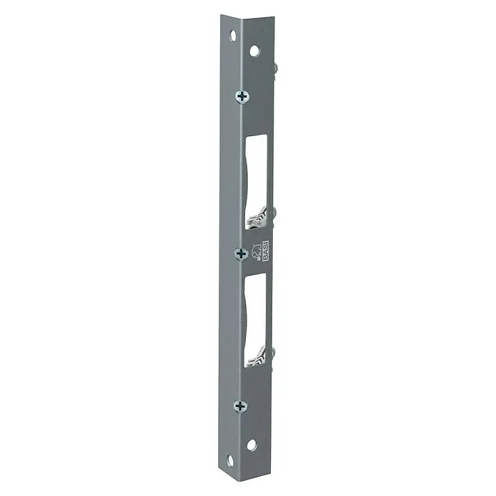 Basi Winkelschließblech SWS 995M - DIN Anschlag: Universell einsetzbar, L x B x H: 300 x 235 x 25 mm - Silber-graues L-förmiges Schließblech aus Metall mit Aussparungen für Türschlösser und Schraubbefestigungen, inklusive BASI-Logo.