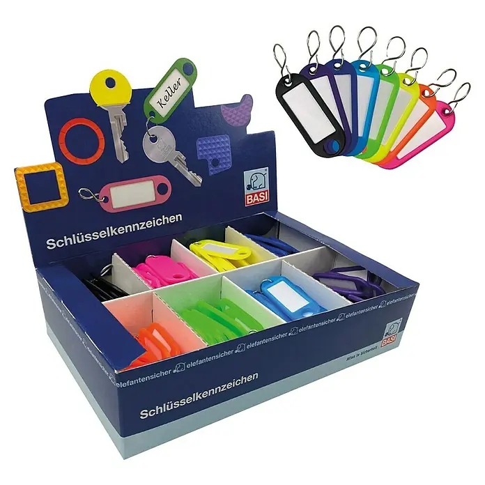 Basi Schlüsselanhänger - Leuchtfarben mit S-Haken, 200 Stk. - Bunte rechteckige Schlüsselkennzeichen mit Beschriftungsfenster und Metallringen, in Box und aufgefächert dargestellt.