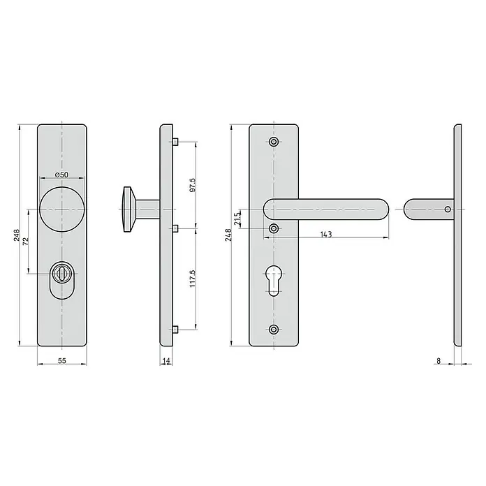 Basi Schutzbeschlag SB 7500 ES0 - Hauseingangstür, Edelstahl, Knopf außen, Drücker innen, Mit Zylinderabdeckung, Stärke Tür: 38 mm - 45 mm - Technische Zeichnung eines rechteckigen Türbeschlags mit Drücker und Stoßgriff, inklusive Maßen.