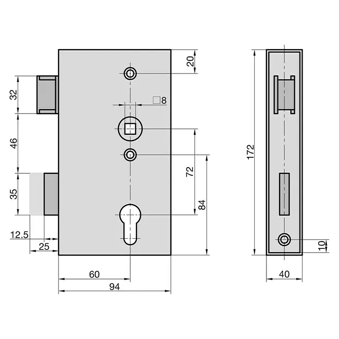 Gartentor-Einsteckschloss - Links/Rechts, Dornmaß: 60 mm - Graues Metall-Einsteckschloss mit technischen Maßen, mit Vierkantnuss und Schließzylinderöffnung.