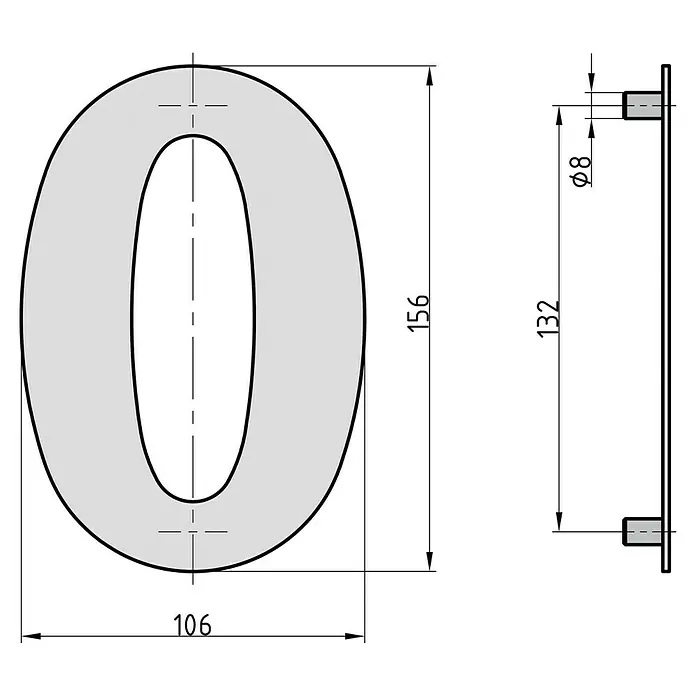 Basi Hausnummer HN 150 - B x H: 106 x 156 mm, Motiv: 0, Edelstahl - Graue Hausnummer '0', 156mm hoch, mit zwei Ø8mm Befestigungsstiften.