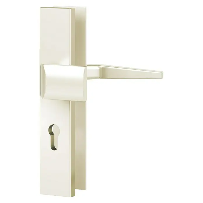 Basi Schutzbeschlag ES0 VMS - Hauseingangstür, Silber, Knopf außen, Drücker innen, Distanznorm: 92 mm, Stärke Schild/ Rosette: 12 mm - Hellbeiger Türbeschlag mit Drücker und Schlüsselloch.